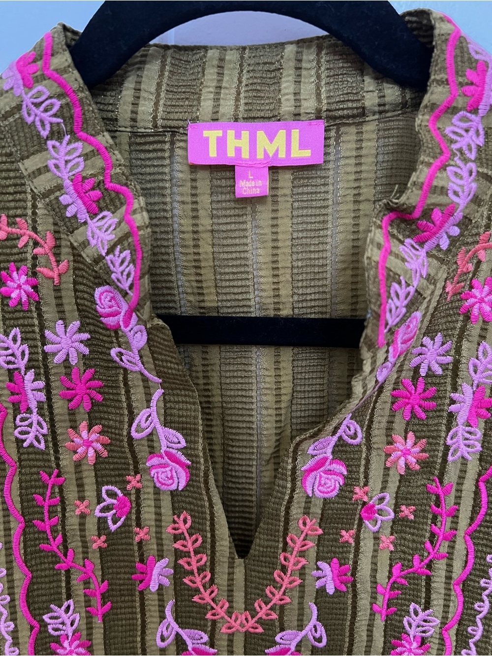 NWOT! THML Olive Embroidered Puff Sleeve Blouse | Pink Floral Embroidery - Picture 3 of 8